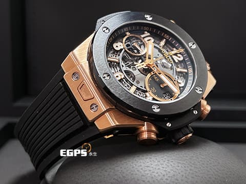 HUBLOT 宇舶 Big Bang Unico 大爆炸 441.OM.1181.RX 飛返 計時碼表&nbsp;King Gold 王金材質 玫瑰金&nbsp;黑陶瓷錶圈 鏤空面盤 2022年電子保單 自動上鏈 42mm