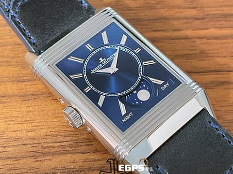 Jaeger Le-Coultre 積家 REVERSO Reverso Tribute Moon Q3918420 不銹鋼材質 GMT JLC特色獨特雙時區月相翻轉REVERSO工藝 高水準工藝~藍白雙色面盤~   2024年保單  手動上鍊 49.4 x 29.9 mm