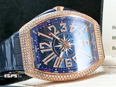FRANCK MULLER 法蘭穆勒 FM Vanguard Yachting V45 SC 遊艇系列   玫瑰金材質 運動款 藍色面盤 精鑲美鑽耀眼奪目，與眾不同絕對是目光的焦點 ！！  自動上鍊 44x54mm