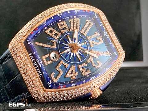FRANCK MULLER 法蘭穆勒 FM Vanguard Yachting V45 SC 遊艇系列   玫瑰金材質 運動款 藍色面盤 精鑲美鑽耀眼奪目，與眾不同絕對是目光的焦點 ！！  自動上鍊 44x54mm