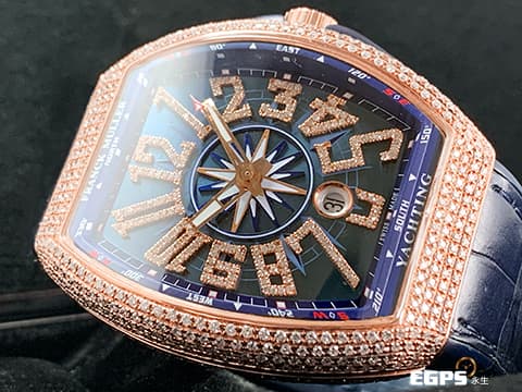 FRANCK MULLER 法蘭穆勒 FM Vanguard Yachting V45 SC 遊艇系列   玫瑰金材質 運動款 藍色面盤 精鑲美鑽耀眼奪目，與眾不同絕對是目光的焦點 ！！  自動上鍊 44x54mm