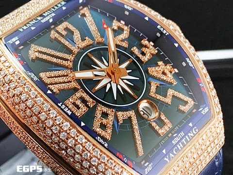 FRANCK MULLER 法蘭穆勒 FM Vanguard Yachting V45 SC 遊艇系列   玫瑰金材質 運動款 藍色面盤 精鑲美鑽耀眼奪目，與眾不同絕對是目光的焦點 ！！  自動上鍊 44x54mm