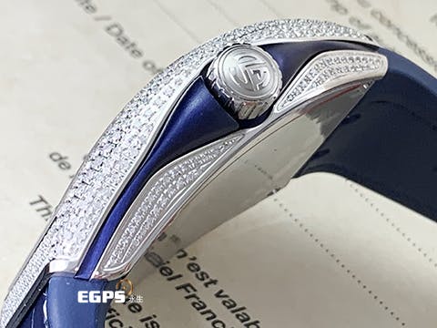 Franck Muller 法蘭穆勒 FM Vanguard Yachting 遊艇系列  V45 SC DT   精鑲鑽框耀眼奪目 ，藍色面盤 鑲鑽立體阿拉伯數字時標&nbsp;自動上鏈 44x54 mm