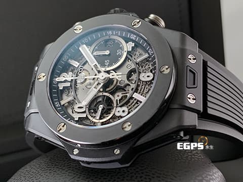 HUBLOT 宇舶 Big Bang Unico 大爆炸 Black Magic 黑色魔力 441.CI.1171.RX 黑陶瓷 鏤空面盤 三日鍊 飛返 計時碼錶 2023年保單 最新電子式保單 自動上鍊 42mm