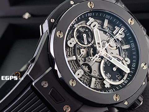 HUBLOT 宇舶 Big Bang Unico 大爆炸 Black Magic 黑色魔力 441.CI.1171.RX 黑陶瓷 鏤空面盤 三日鍊 飛返 計時碼錶 2023年保單 最新電子式保單 自動上鍊 42mm