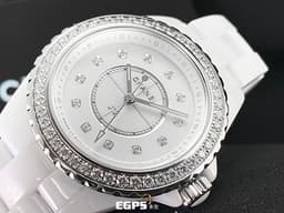 CHANEL 香奈兒 J12 H6418 <font color="#FF0000">原廠鑲嵌鑽石錶圈、鑽石時標面盤 2024年單 
 </font> 白色高科技陶瓷材質 石英錶 時尚女錶 專利不鏽鋼蝴蝶扣 33mm