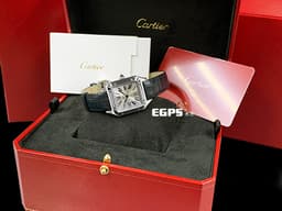 CARTIER 卡地亞  SANTOS DE CARITER WSSA0023 DUMONT 小型款 WSSA0023 <font color="#5a6a83"> 2024保單 錶冠鑲嵌多切面藍色合成尖晶石 </font> <font color="#FF0000"> 銀面羅馬時標面盤 藍鋼指針</font> 石英表 38x27.5mm