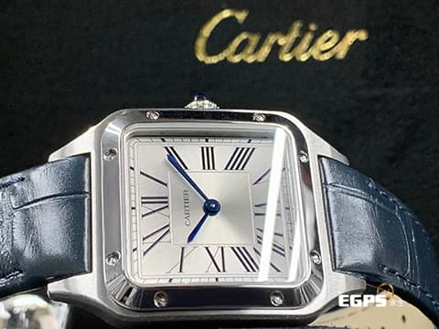 CARTIER 卡地亞  SANTOS DE CARITER WSSA0023 DUMONT 小型款 WSSA0023  2024保單 錶冠鑲嵌多切面藍色合成尖晶石   銀面羅馬時標面盤 藍鋼指針 石英表 38x27.5mm