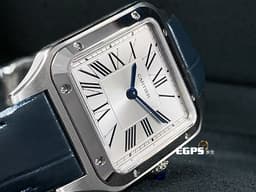 CARTIER 卡地亞  SANTOS DE CARITER WSSA0023 DUMONT 小型款 WSSA0023 <font color="#5a6a83"> 2024保單 錶冠鑲嵌多切面藍色合成尖晶石 </font> <font color="#FF0000"> 銀面羅馬時標面盤 藍鋼指針</font> 石英表 38x27.5mm