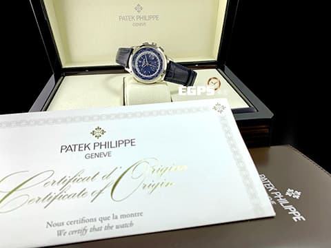 Patek philippe 百達翡麗 PP錶 複雜功能時計系列 5930 G 白K金材質 藍色網狀格紋面盤 5930G-001 世界時區 飛返計時 BEIJING 北京時區面盤 自動上鍊 39.5mm