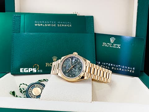 ROLEX 勞力士 Datejust 31 蠔式日誌型 278278 原廠鑲鑽橄欖綠花朵面盤  繡球花 18K黃金 DJ31 經典三角坑紋錶圈 2023年新卡 元首型（President）錶帶 總統帶 自動上鍊 31mm