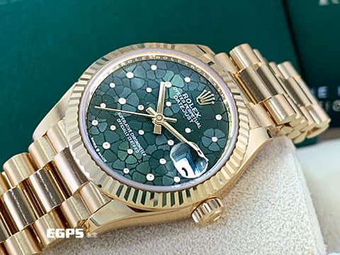 ROLEX 勞力士 Datejust 31 蠔式日誌型 278278 原廠鑲鑽橄欖綠花朵面盤  繡球花 18K黃金 DJ31 經典三角坑紋錶圈 2023年新卡 元首型（President）錶帶 總統帶 自動上鍊 31mm