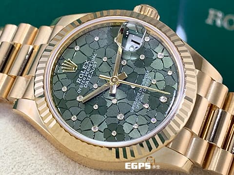 ROLEX 勞力士 Datejust 31 蠔式日誌型 278278 原廠鑲鑽橄欖綠花朵面盤  繡球花 18K黃金 DJ31 經典三角坑紋錶圈 2023年新卡 元首型（President）錶帶 總統帶 自動上鍊 31mm