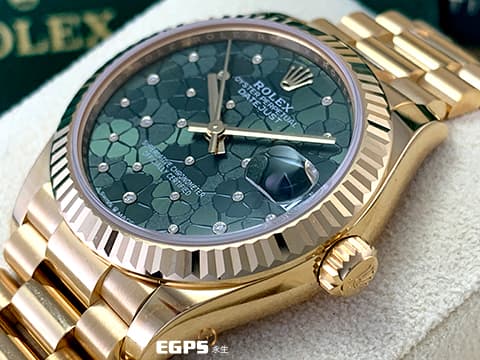 ROLEX 勞力士 Datejust 31 蠔式日誌型 278278 原廠鑲鑽橄欖綠花朵面盤  繡球花 18K黃金 DJ31 經典三角坑紋錶圈 2023年新卡 元首型（President）錶帶 總統帶 自動上鍊 31mm