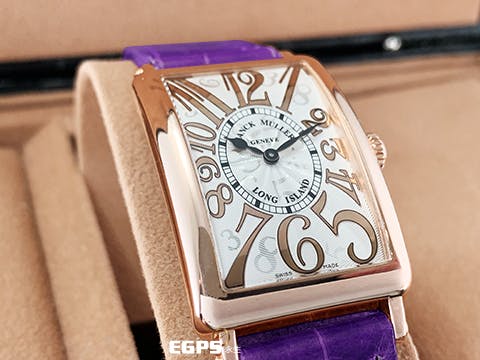 Franck Muller 法蘭穆勒 952QZ REL HO LONG ISLAND 玫瑰金材質 銀白色面盤放射雕紋面盤 玫瑰金藝術數字時標 原廠紫色鱷魚皮錶帶 石英機芯 26x44mm