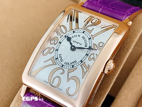 Franck Muller 法蘭穆勒 952QZ REL HO LONG ISLAND 玫瑰金材質 銀白色面盤放射雕紋面盤 玫瑰金藝術數字時標 原廠紫色鱷魚皮錶帶 石英機芯 26x44mm