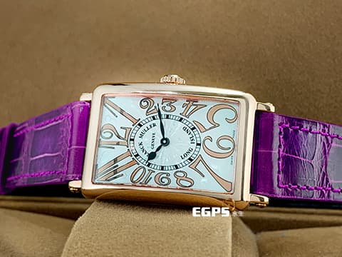 Franck Muller 法蘭穆勒 952QZ REL HO LONG ISLAND 玫瑰金材質 銀白色面盤放射雕紋面盤 玫瑰金藝術數字時標 原廠紫色鱷魚皮錶帶 石英機芯 26x44mm