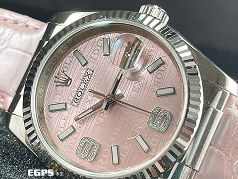 ROLEX 勞力士 DATEJUST 116139 蠔式 18K白金 客製化粉紅色鱷魚皮錶帶 粉紅金色鑽石面 6 9鑽石時標  自動腕錶 36mm