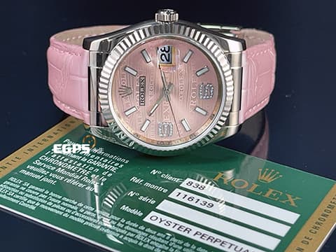 ROLEX 勞力士 DATEJUST 116139 蠔式 18K白金 客製化粉紅色鱷魚皮錶帶 粉紅金色鑽石面 6 9鑽石時標  自動腕錶 36mm