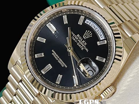 ROLEX 勞力士 Day-Date 228238 黃K金材質 蠔式 DD40 2025年新式保卡 黑冰糖 原鑲梯鑽時標黑色面盤 自動上鍊 40mm