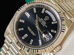 ROLEX 勞力士 Day-Date 228238 黃K金材質 蠔式 DD40 <font color="#FF0000">2025年新式保卡</font> <font color="#ff00ff">黑冰糖 原鑲梯鑽時標黑色面盤</font> 自動上鍊 40mm