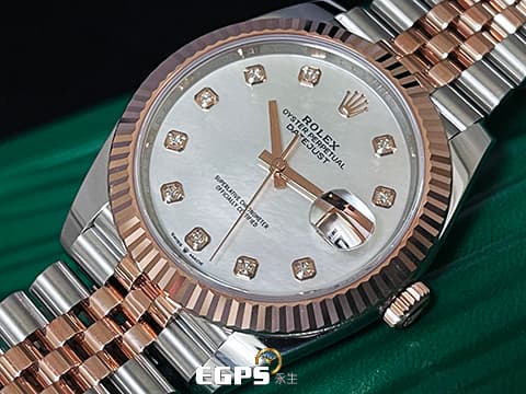 ROLEX 勞力士 Datejust 41 蠔式日誌型 DJ41 126331NG 18K永恆玫瑰金&amp;不鏽鋼材質 半金款 停產&nbsp;原廠鑽石時標
珍珠貝母面盤&nbsp;2020年新式綠卡 紀念型（Jubilee）五銖錶帶 自動上鍊 41mm