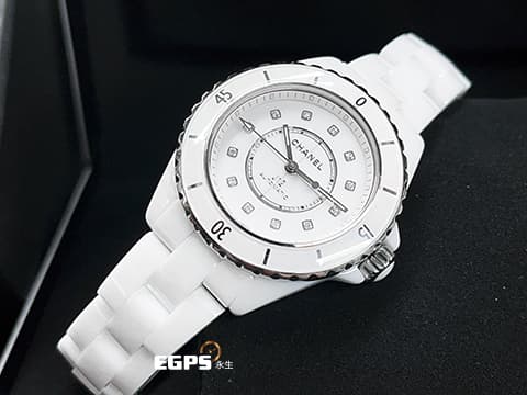 CHANEL 香奈兒 J12 White Ceramic H9741 白陶瓷 白色漆面錶盤 原廠鑽石時標 鑲嵌12顆鑽石時標（總重約0.06克拉） 經典 2025年保卡 專利不鏽鋼蝴蝶扣  自動上鍊 33mm