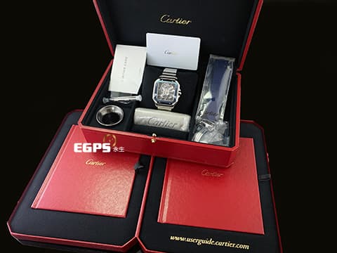 Cartier 卡地亞 Santos de Cartier Large Skeleton 山度士 大型款 WHSA0026 全鏤空面盤 藍色PVD外框 不鏽鋼 2023年保單 最新QuickSwitch錶帶更換系統 另附原廠橡膠錶帶組 手上鍊 39.8mm