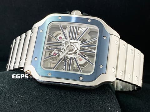 Cartier 卡地亞 Santos de Cartier Large Skeleton 山度士 大型款 WHSA0026 全鏤空面盤 藍色PVD外框 不鏽鋼 2023年保單 最新QuickSwitch錶帶更換系統 另附原廠橡膠錶帶組 手上鍊 39.8mm