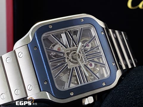 Cartier 卡地亞 Santos de Cartier Large Skeleton 山度士 大型款 WHSA0026 全鏤空面盤 藍色PVD外框 不鏽鋼 2023年保單 最新QuickSwitch錶帶更換系統 另附原廠橡膠錶帶組 手上鍊 39.8mm