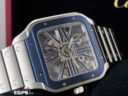 Cartier 卡地亞 Santos de Cartier Large Skeleton 山度士 大型款 WHSA0026 <font color=#4169e1>全鏤空面盤 藍色PVD外框</font> 不鏽鋼 <font color=#FF0000>2023年保單 最新QuickSwitch錶帶更換系統 另附原廠橡膠錶帶組</font> 手上鍊 39.8mm