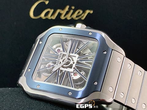 Cartier 卡地亞 Santos de Cartier Large Skeleton 山度士 大型款 WHSA0026 全鏤空面盤 藍色PVD外框 不鏽鋼 2023年保單 最新QuickSwitch錶帶更換系統 另附原廠橡膠錶帶組 手上鍊 39.8mm