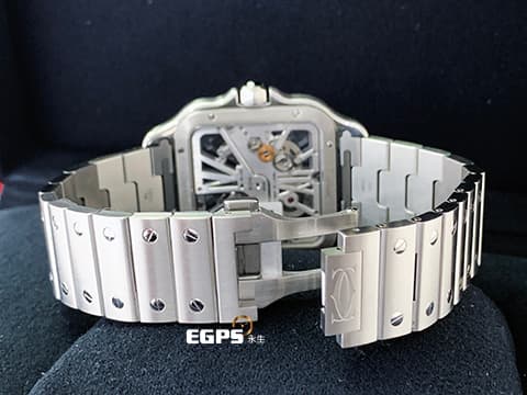 Cartier 卡地亞 Santos de Cartier Large Skeleton 山度士 大型款 WHSA0026 全鏤空面盤 藍色PVD外框 不鏽鋼 2023年保單 最新QuickSwitch錶帶更換系統 另附原廠橡膠錶帶組 手上鍊 39.8mm