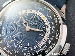 Patek Philippe PP 百達翡麗 5230P-001 PT950鉑金材質 5230 P 世界時間 日夜顯示 <font color=#FFFFFF>藍色編織波紋圖案面盤</font> Calatrava Cross折疊帶扣 <font color=#ff00ff>PP世界時區 停產款 2022年保單 </font> PP印記 <font color=#FFFF33> 此錶歡迎各路錶友以PP、AP、勞力士 來店交換，本店將以最高價評估～</font> 自動上鍊 38.5mm