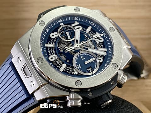 Hublot 宇舶 Big Bang 大爆炸 Unico 鈦金屬 421.NX.5170.RX 飛返計時碼錶 扎扎實實的細節與質感！品味人士的霸氣首選！消光藍色鏤空面盤！2024年最新電子保單 三日鍊 飛返計時碼錶  自動上鍊 44mm