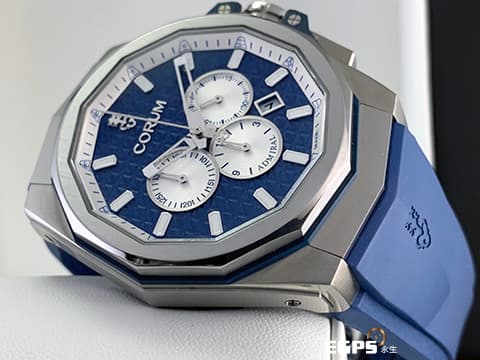 CORUM 崑崙 Admiral's Cup 海軍上將 132.211.04/F373 AB51 海洋藍色格紋面盤&nbsp;Admiral AC-ONE 45 海軍上將  鈦金屬計時款腕錶 2022年保單 獨特全球限量100只&nbsp;自動上鍊 45mm