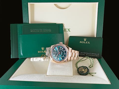 ROLEX 勞力士 Sky-Dweller 蠔式 天行者 336935 最新9002新機芯 藍綠色面盤 永恆玫瑰金 沙羅系統 年曆錶 兩地時區 經典三角坑紋錶圈 2024年保卡 蠔式（Oyster）三節錶帶 自動上鍊 42mm