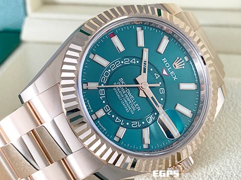 ROLEX 勞力士 Sky-Dweller 蠔式 天行者 336935 最新9002新機芯 藍綠色面盤 永恆玫瑰金 沙羅系統 年曆錶 兩地時區 經典三角坑紋錶圈 2024年保卡 蠔式（Oyster）三節錶帶 自動上鍊 42mm