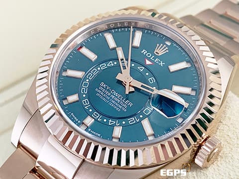 ROLEX 勞力士 Sky-Dweller 蠔式 天行者 336935 最新9002新機芯 藍綠色面盤 永恆玫瑰金 沙羅系統 年曆錶 兩地時區 經典三角坑紋錶圈 2024年保卡 蠔式（Oyster）三節錶帶 自動上鍊 42mm