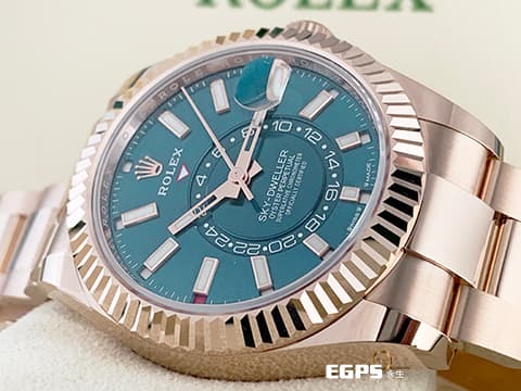 ROLEX 勞力士 Sky-Dweller 蠔式 天行者 336935 最新9002新機芯 藍綠色面盤 永恆玫瑰金 沙羅系統 年曆錶 兩地時區 經典三角坑紋錶圈 2024年保卡 蠔式（Oyster）三節錶帶 自動上鍊 42mm