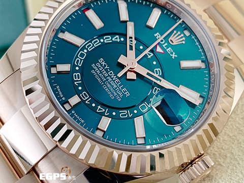 ROLEX 勞力士 Sky-Dweller 蠔式 天行者 336935 最新9002新機芯 藍綠色面盤 永恆玫瑰金 沙羅系統 年曆錶 兩地時區 經典三角坑紋錶圈 2024年保卡 蠔式（Oyster）三節錶帶 自動上鍊 42mm