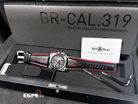 BELL &amp; ROSS 柏萊士 INSTRUMENTS BR03-94 AERO GT RED 概念跑車款 全球限量500只 全新客製化黑色穿孔搭配紅色滾邊小牛皮錶帶  鏤空腕錶 自動上鍊 42mm