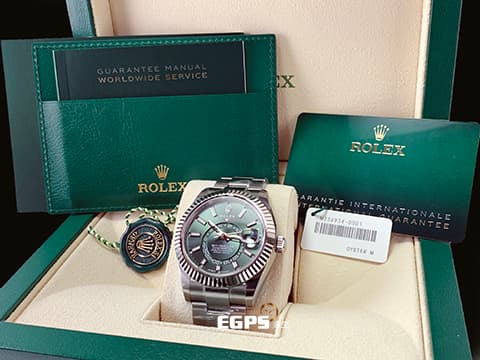 ROLEX 勞力士 Sky-Dweller 336934 天行者 白K金材質外圈 年曆錶 最新款 橄欖綠色面天行者336934 Cal.9002機芯 蠔式（Oyster）錶帶 2024年單 336934新式保卡  自動上鍊  42mm