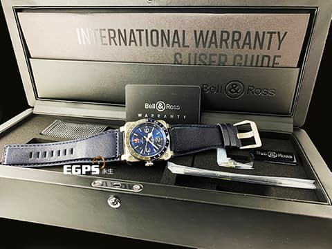 Bell &amp; Ross 柏萊士 Instruments 系列 BR03-93 GMT BLUE 鈦金屬 太陽紋藍面 藍灰圈 雙向旋轉陽極氧化鋁錶圈&nbsp;2026年保卡 自動上鏈&nbsp;42mm