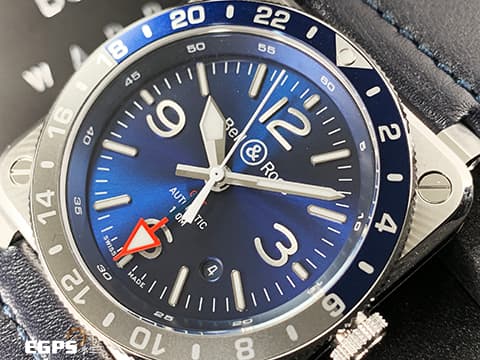 Bell &amp; Ross 柏萊士 Instruments 系列 BR03-93 GMT BLUE 鈦金屬 太陽紋藍面 藍灰圈 雙向旋轉陽極氧化鋁錶圈&nbsp;2026年保卡 自動上鏈&nbsp;42mm