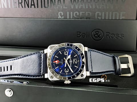 Bell &amp; Ross 柏萊士 Instruments 系列 BR03-93 GMT BLUE 鈦金屬 太陽紋藍面 藍灰圈 雙向旋轉陽極氧化鋁錶圈&nbsp;2026年保卡 自動上鏈&nbsp;42mm