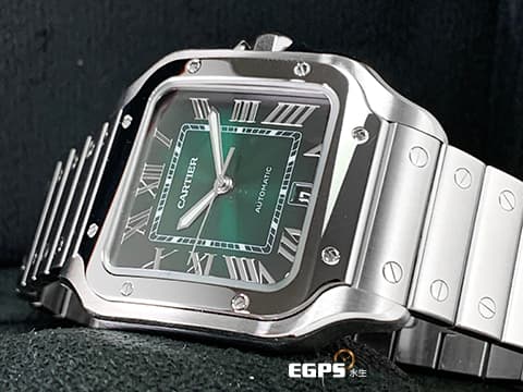 CARTIER 卡地亞 Santos de Cartier 山度士 WSSA0062 綠色太陽紋面盤 大型 不鏽鋼材質&nbsp; 快拆式錶帶 附原廠綠色皮帶 2024年保卡&nbsp;自動上鍊 40mm