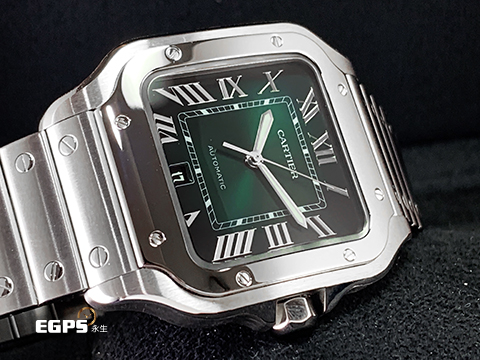 CARTIER 卡地亞 Santos de Cartier 山度士 WSSA0062 綠色太陽紋面盤 大型 不鏽鋼材質&nbsp; 快拆式錶帶 附原廠綠色皮帶 2024年保卡&nbsp;自動上鍊 40mm