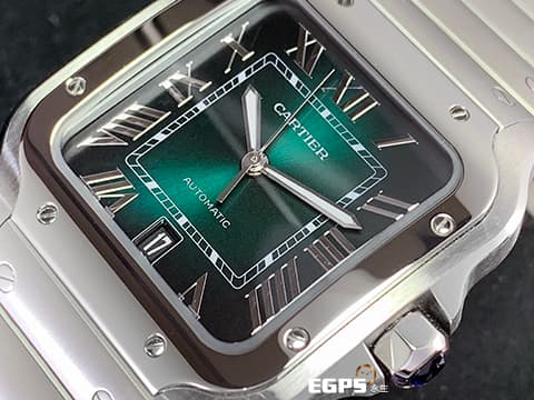 CARTIER 卡地亞 Santos de Cartier 山度士 WSSA0062 綠色太陽紋面盤 大型 不鏽鋼材質&nbsp; 快拆式錶帶 附原廠綠色皮帶 2024年保卡&nbsp;自動上鍊 40mm