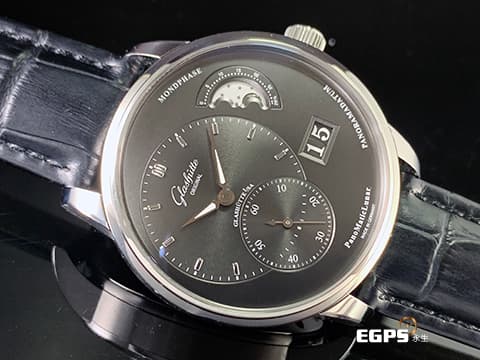 Glashutte Original 格拉蘇蒂 Pano Matic Lunar 偏心系列 1-90-02-43-32-62 灰色面盤 月相盈虧 大日期窗 小秒針 不鏽鋼 德國腕錶工藝 招牌雙鵝頸、3/4夾板、偏心面盤 2023年保單 自動上鍊 40mm